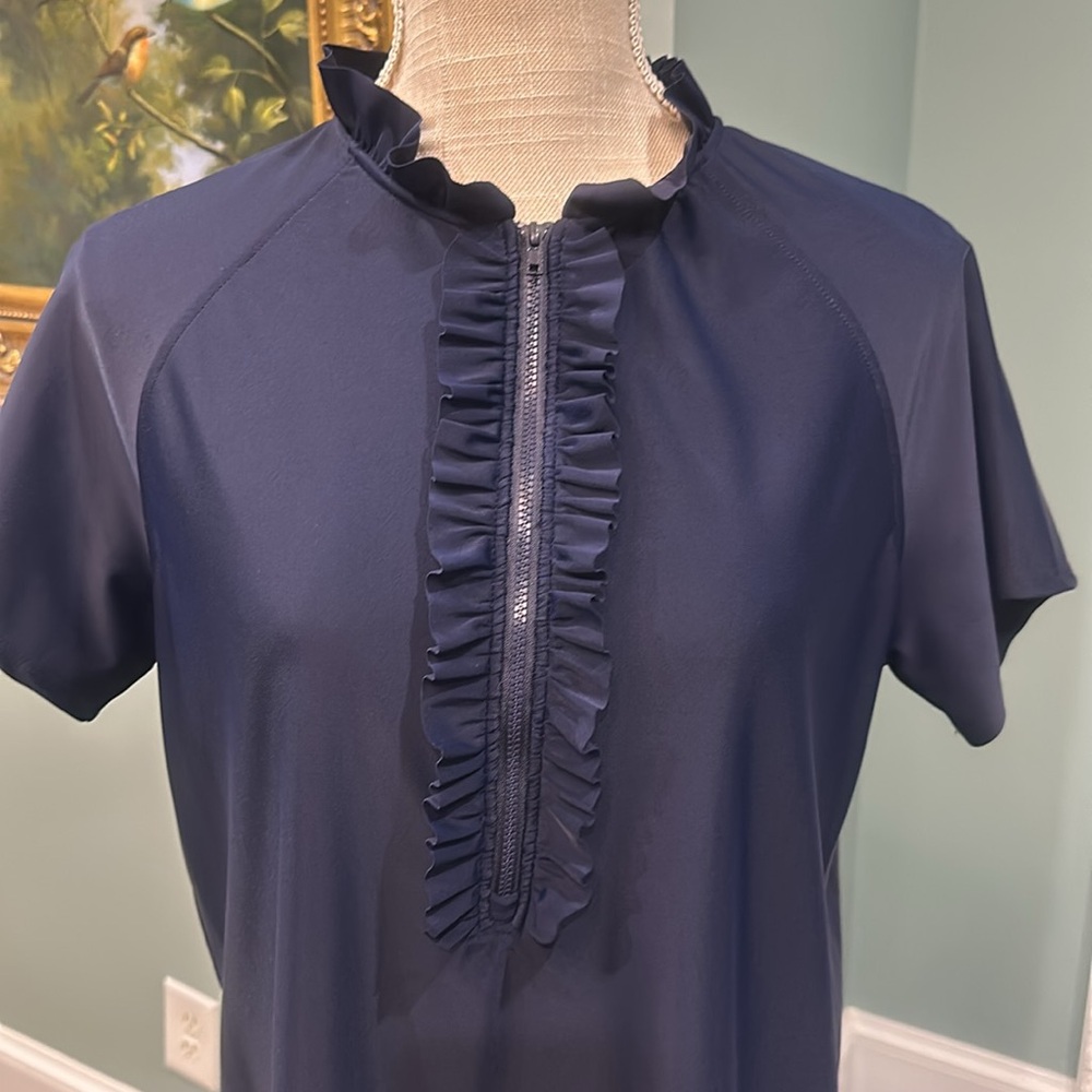Jude Connolly navy nylon zip-up ruffled top. Size is L